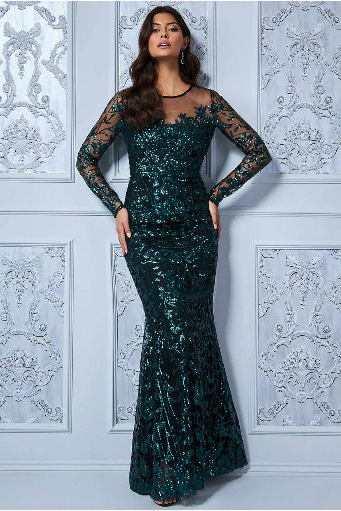 Sequin Mesh Embroidered Long Sleeve Maxi - Emerald