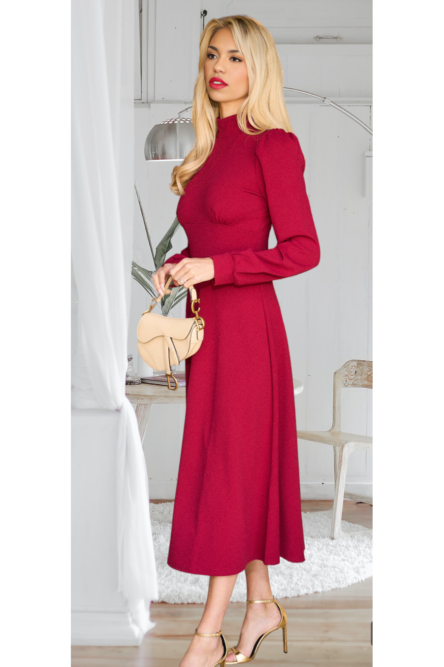 Signage Red High Neck Long Sleeve Midi Skater Dress