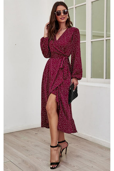 Long Sleeve Wrap Midi Dress In Wine FS506