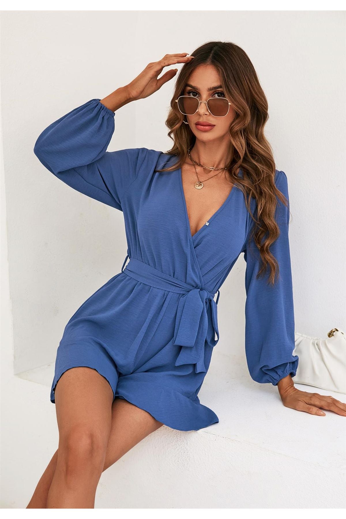 Long Sleeve Wrap Top Playsuit In Blue FS537