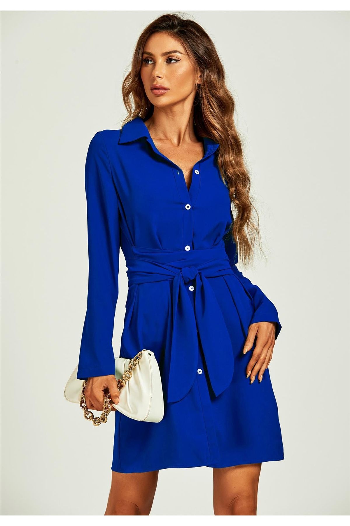 Shirt Mini Wrap Dress In Blue FS515-Blue