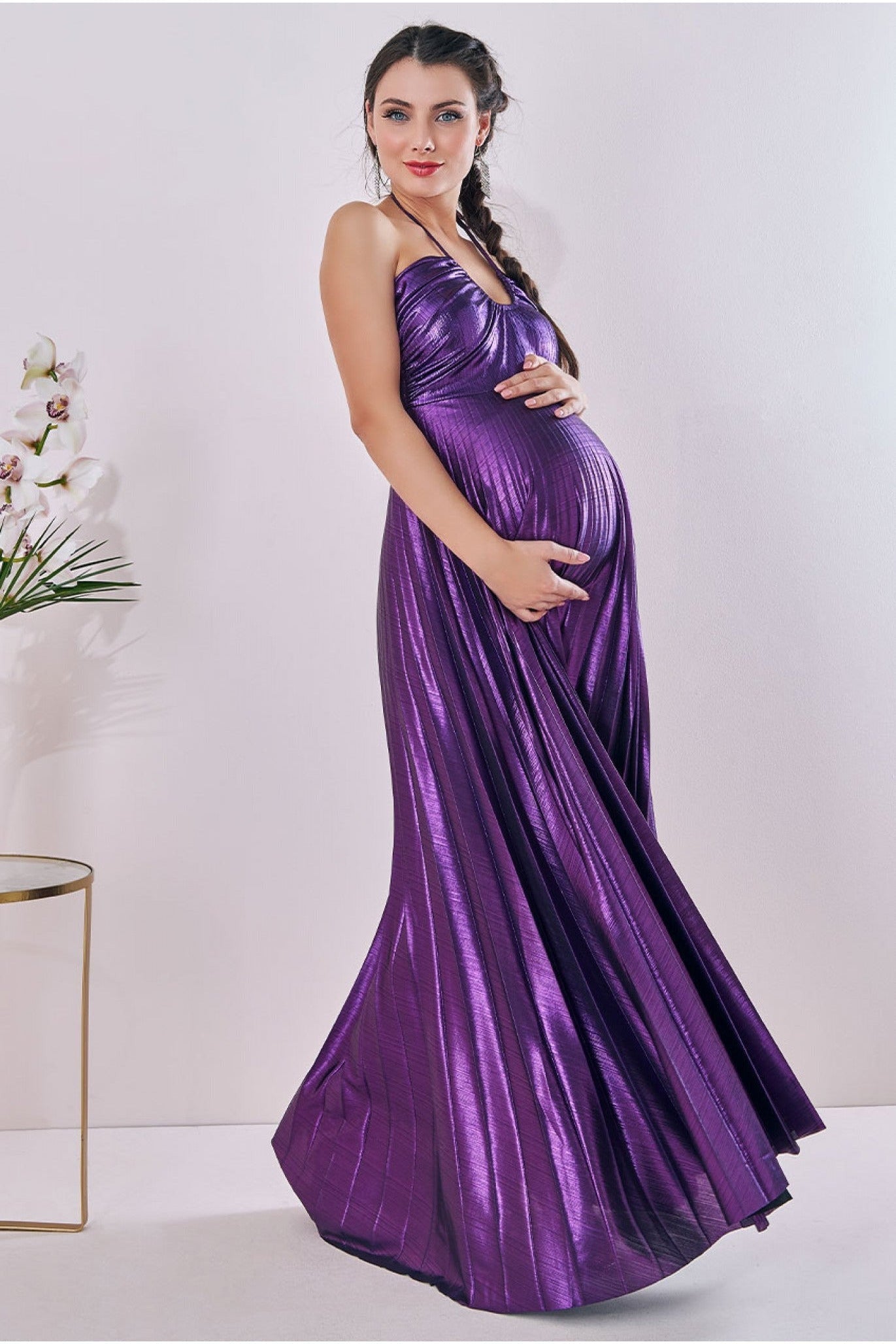 Maternity Pleated Foil Tie Back Maxi Purple DR3697MAT