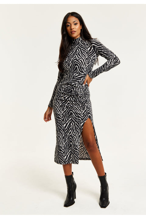 Brushed Knit Mono Zebra Print Midi Dress With Front Slit by Liquorish