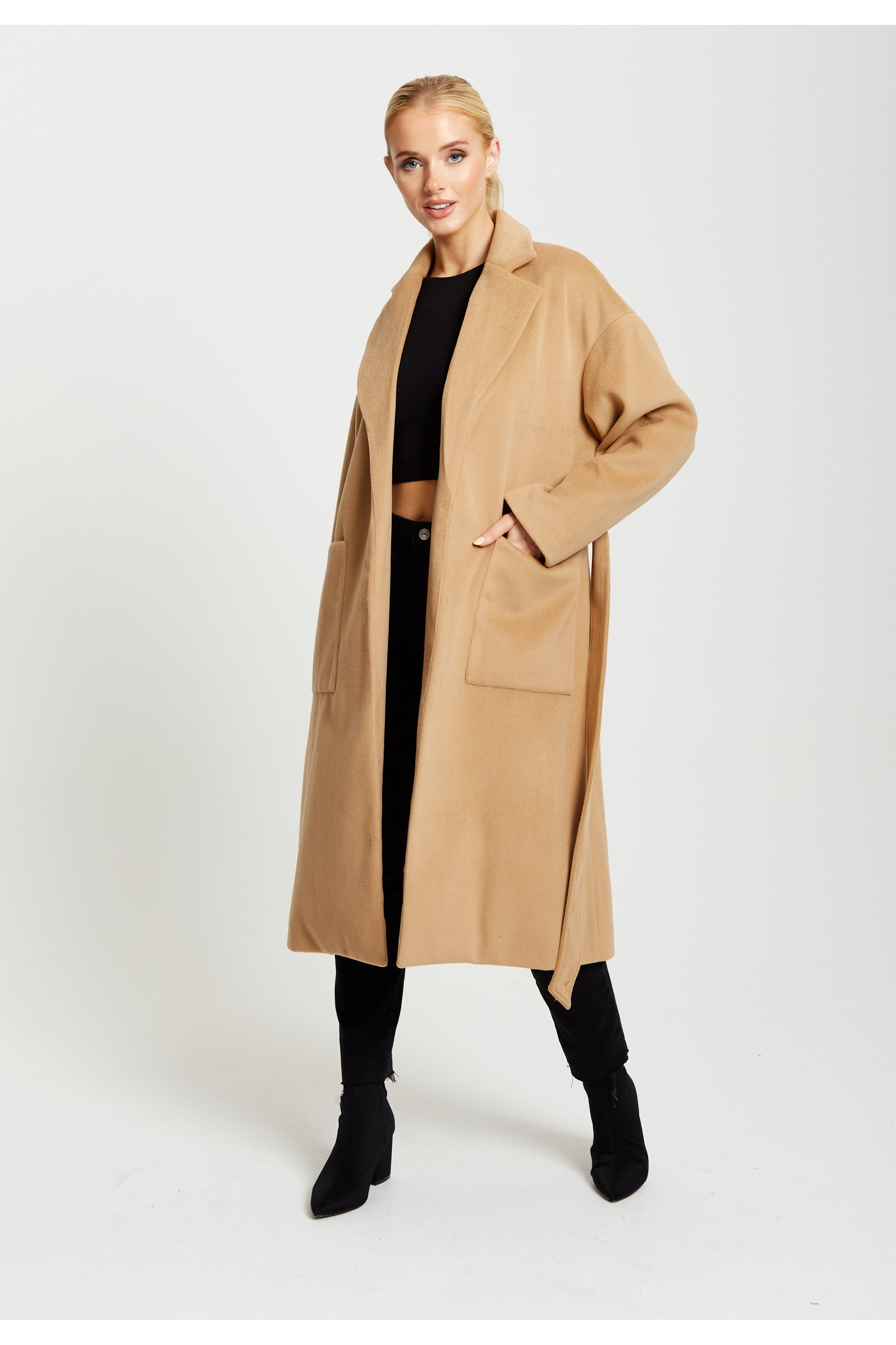 Belted Longline Coat In Camel E8-135-CT1803