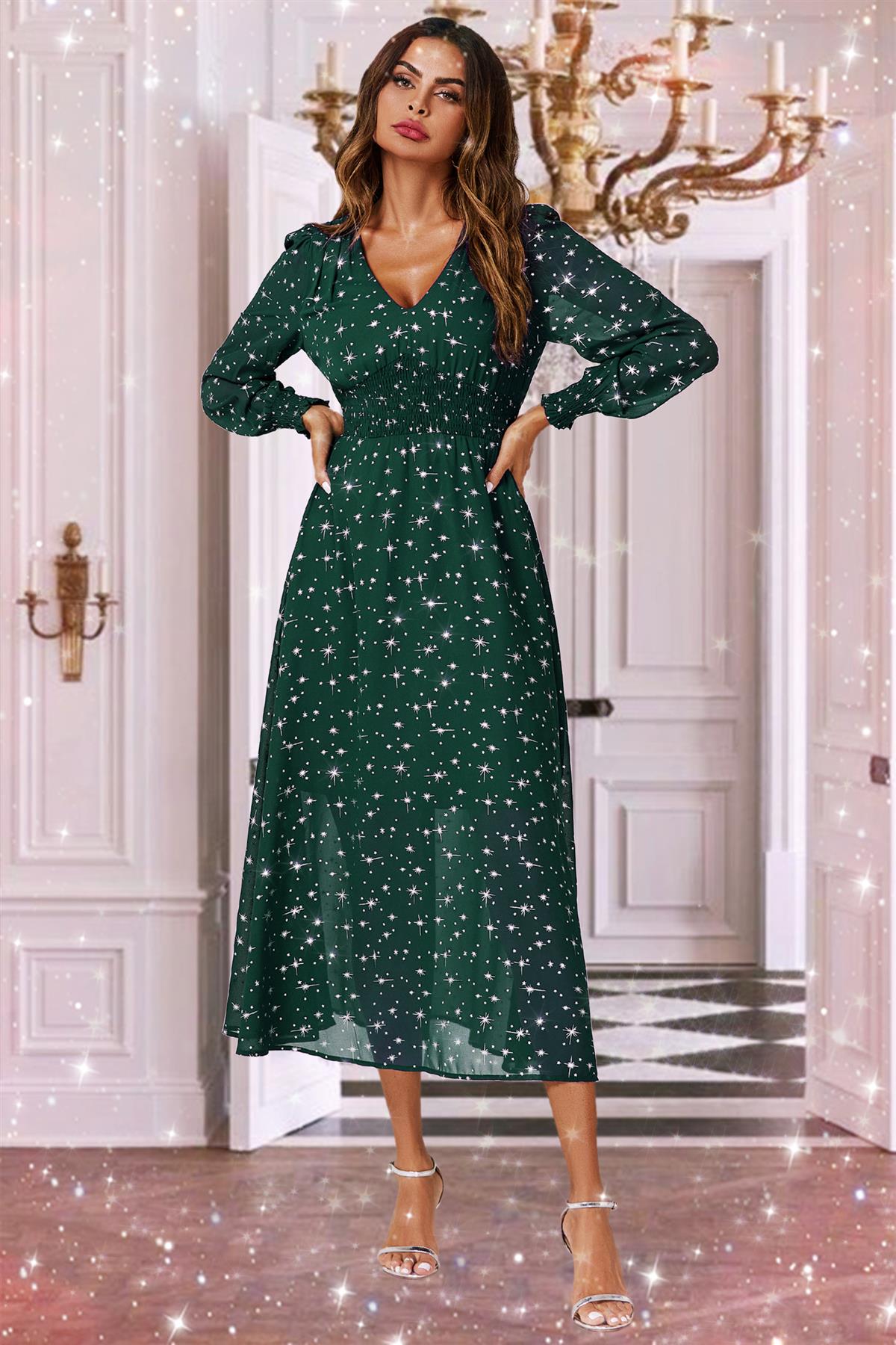 Silver Star Foil Long Sleeve Maxi Dress In Green FS629-GreenStar