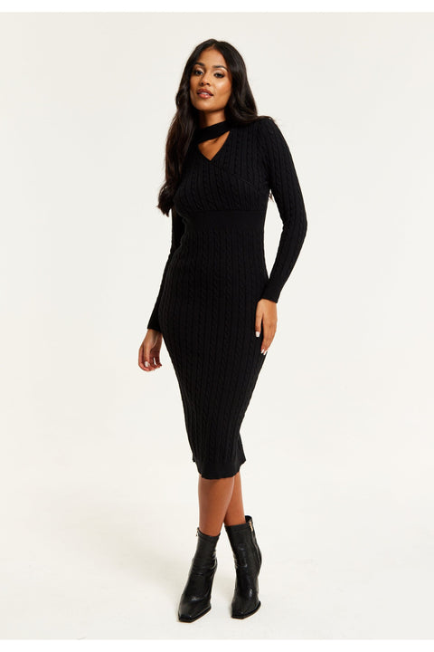 Cut Out Front Cable Knit Midi Dress In Black by Liquorish