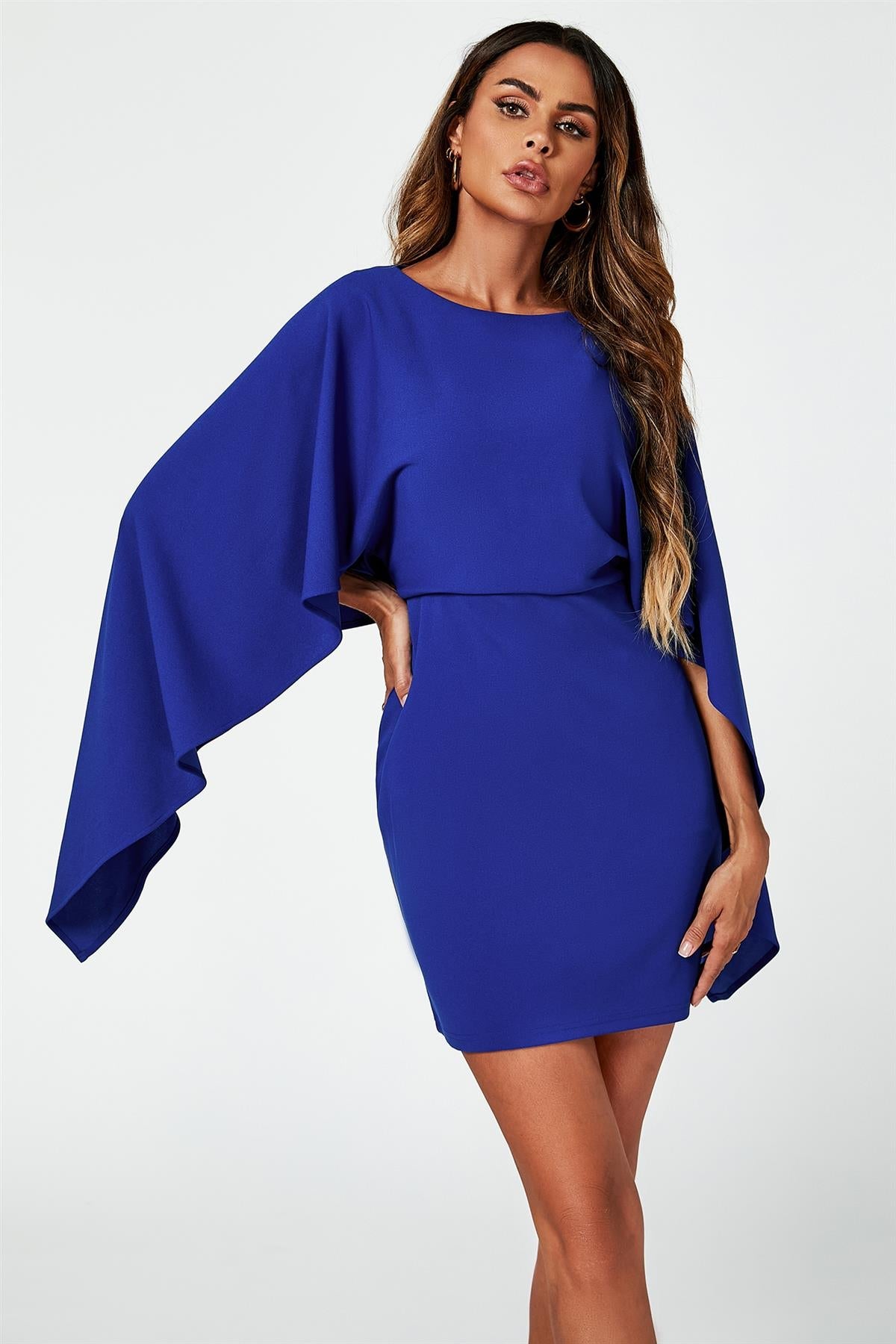 Back Detail Mini Dress With Cape In Blue FS595