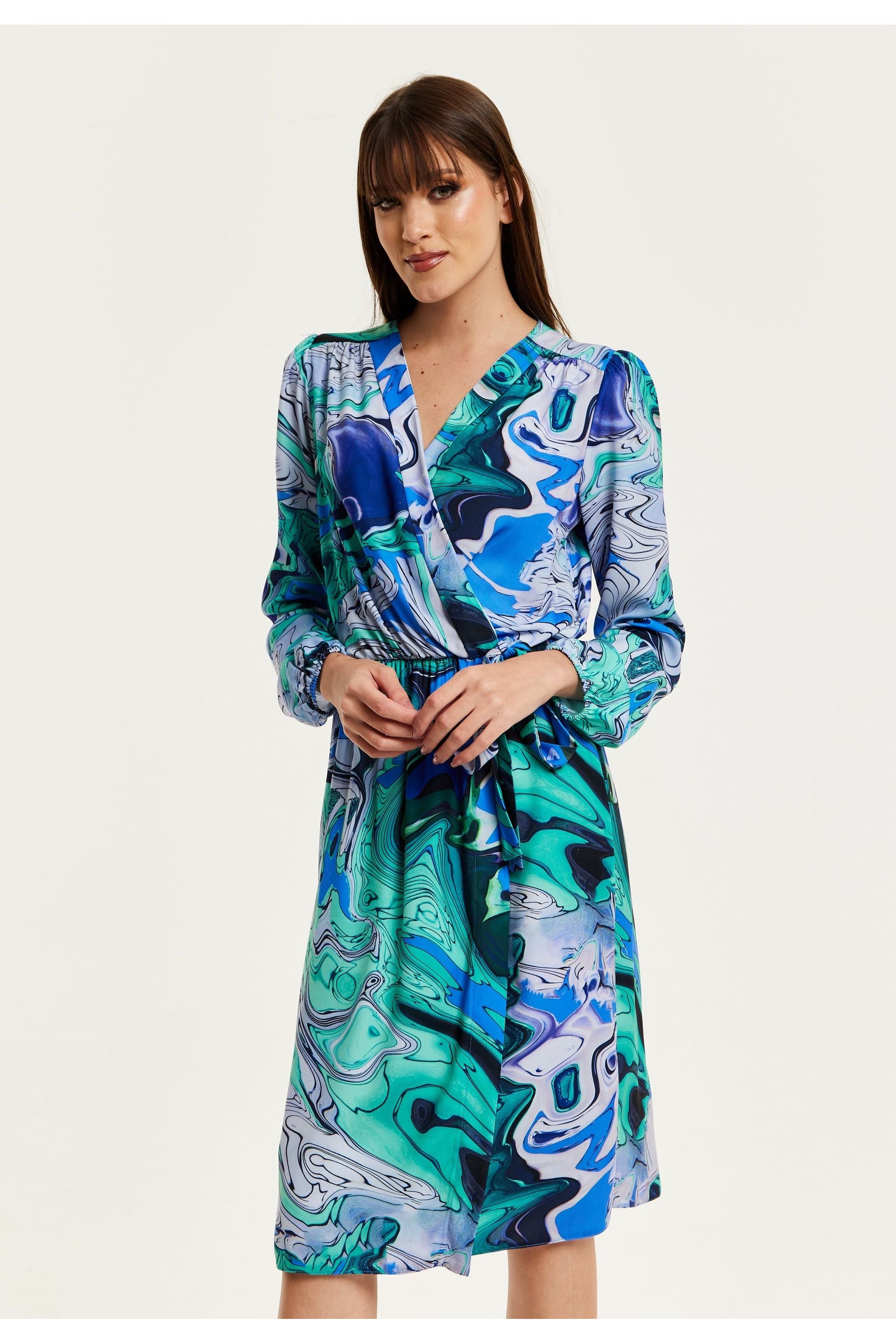 Turquoise Marble Print Midi Wrap Dress LIQ23AW082