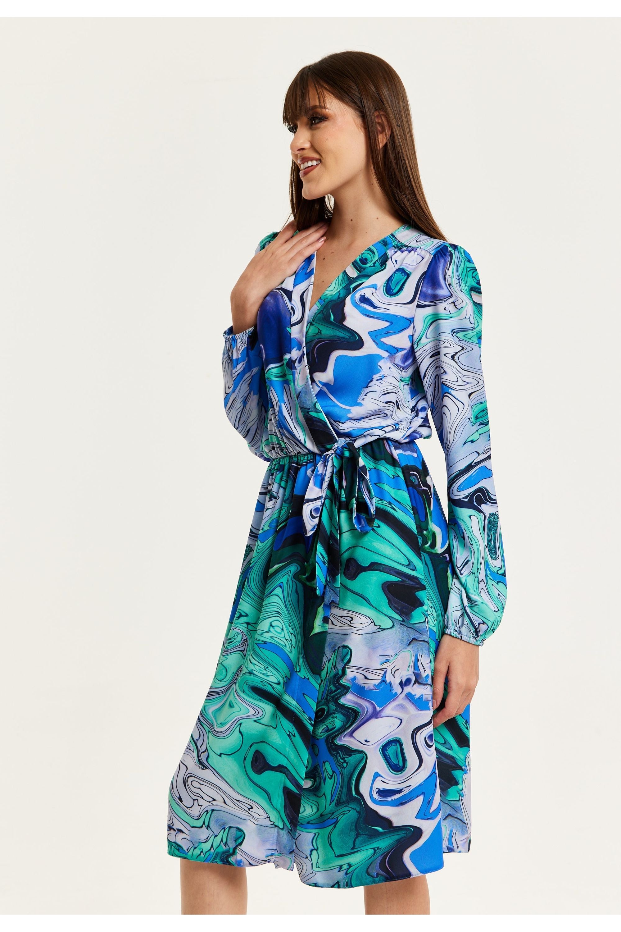 Turquoise Marble Print Midi Wrap Dress LIQ23AW082