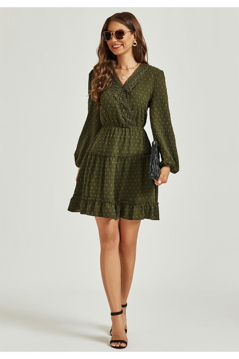 Green Short Sleeve Lace Pleated Dress