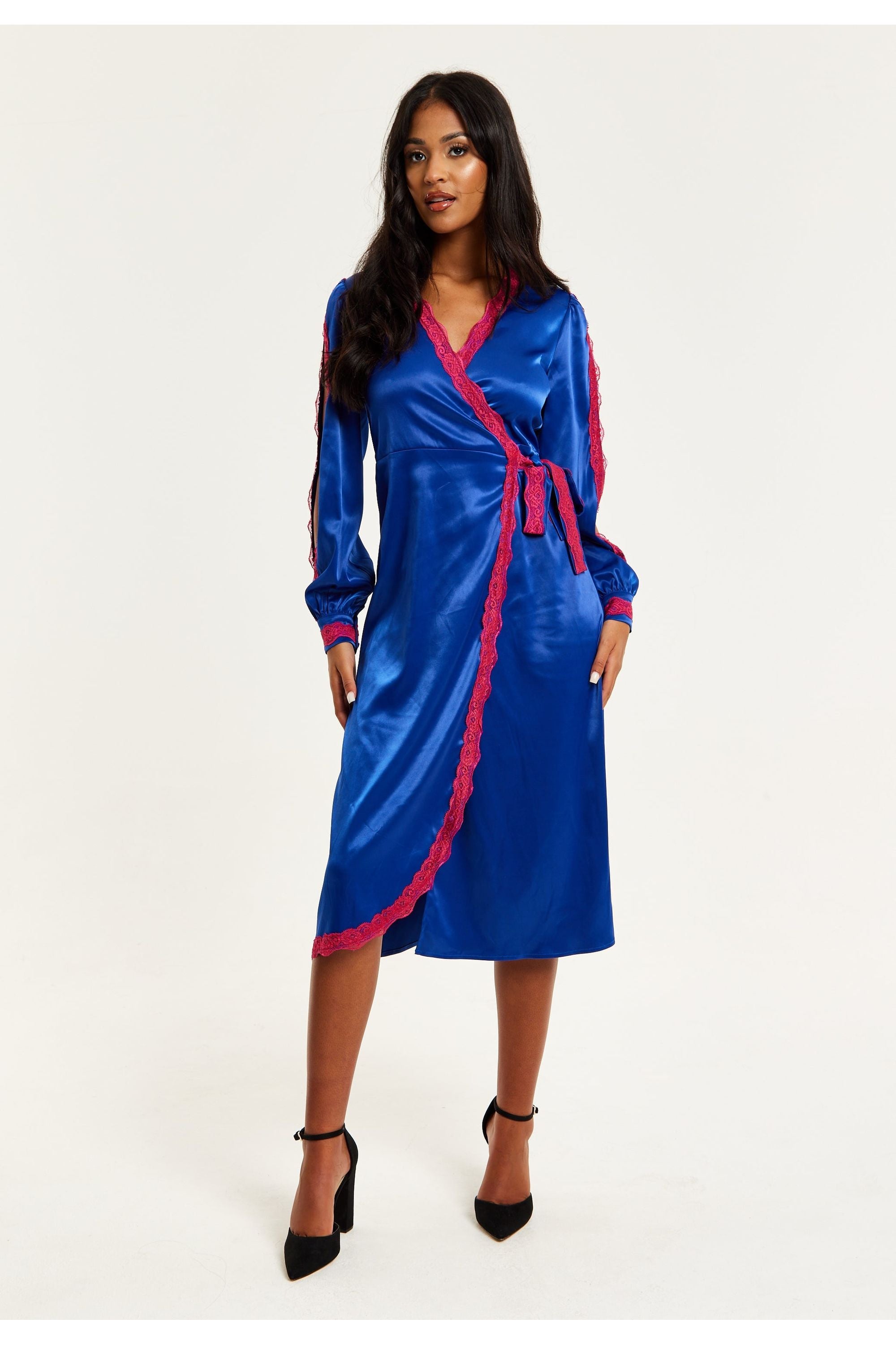 Royal Blue Satin Midi Wrap Dress With Lace Details And Sleeve Slits C21-LIQ23AW074