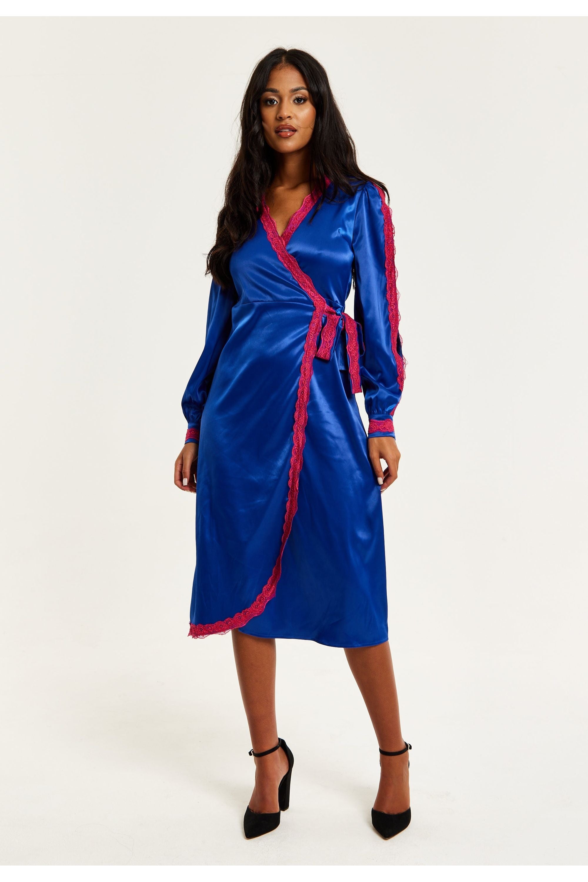 Royal Blue Satin Midi Wrap Dress With Lace Details And Sleeve Slits C21-LIQ23AW074