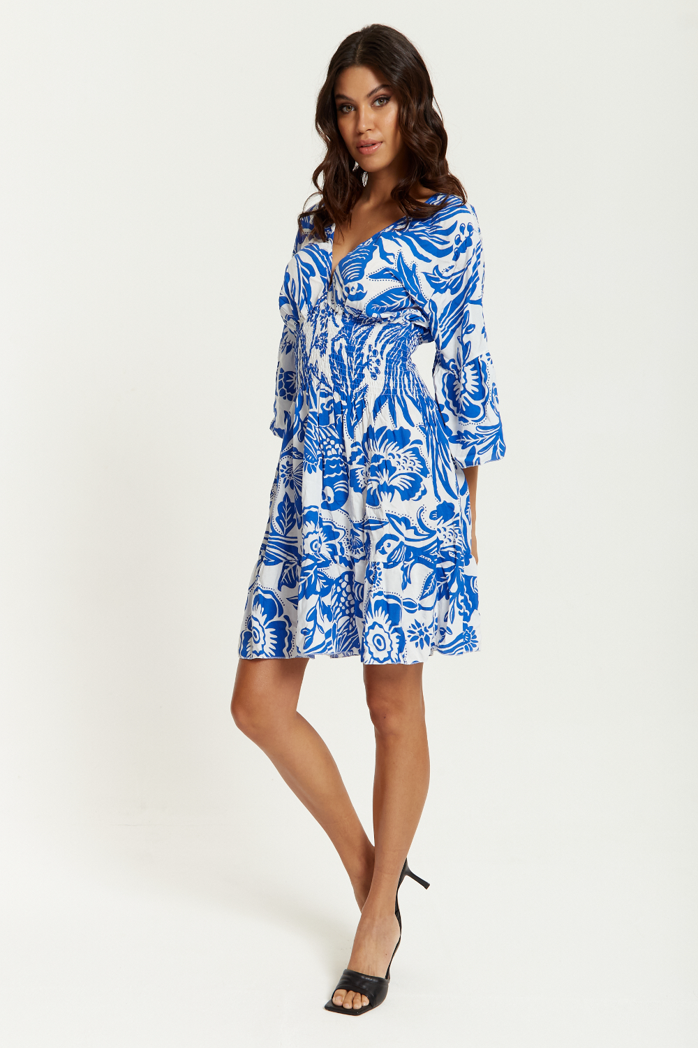 Oversized V Neck Detailed Floral Print Mini Dress in Blue and White GLR FASHION NETWORKING