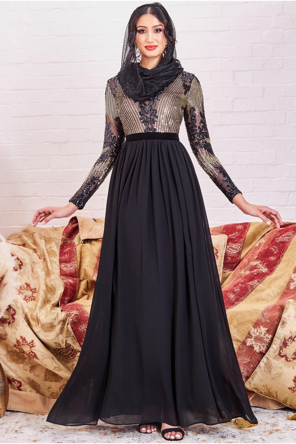 Modesty Sequin Mesh Bodice Maxi Dress - Black DR3453MOD