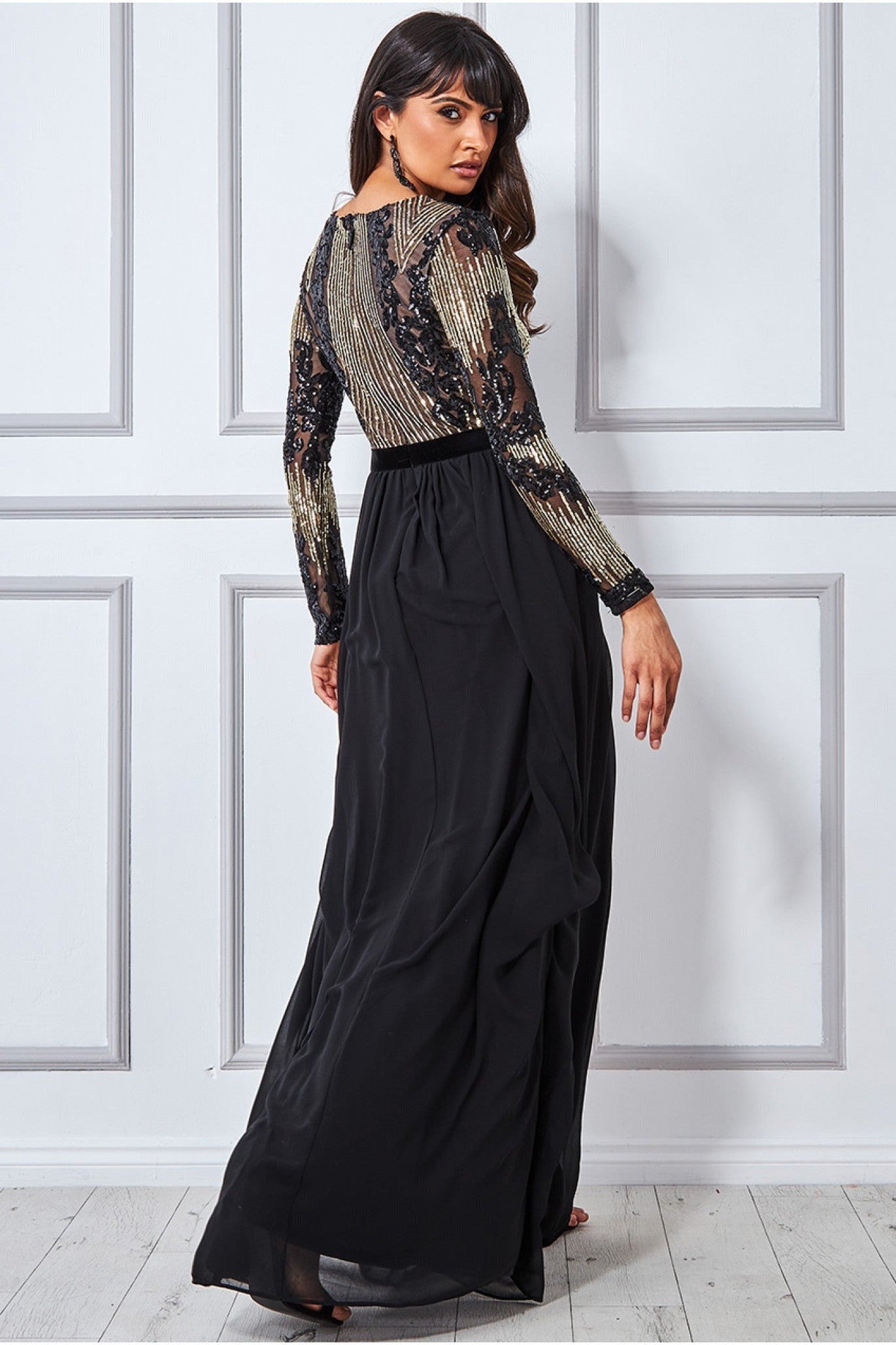 Sequin Mesh Bodice Maxi Dress - Black DR3453