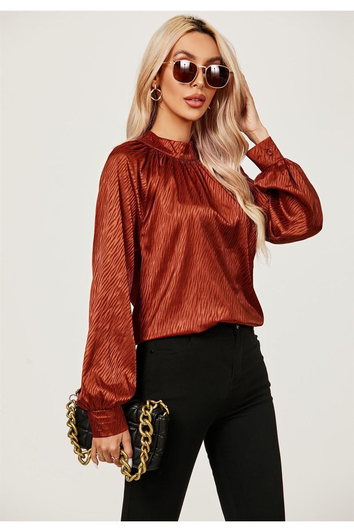 Halter Neck Satin Long Sleeve Blouse Top In Copper Red FS487-CopperRed