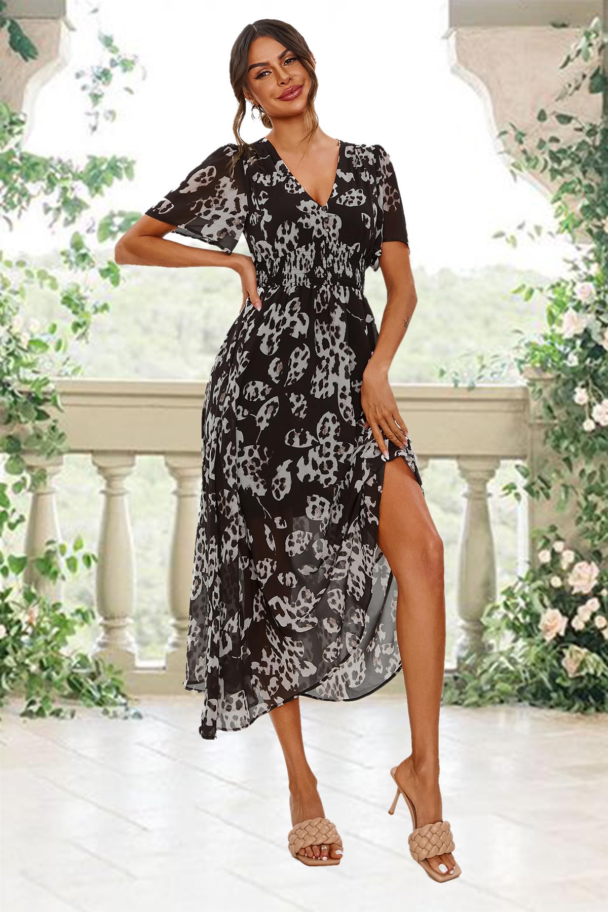 Leopard Floral Print Angel Sleeve Maxi Dress In Black FS641-BlackLF