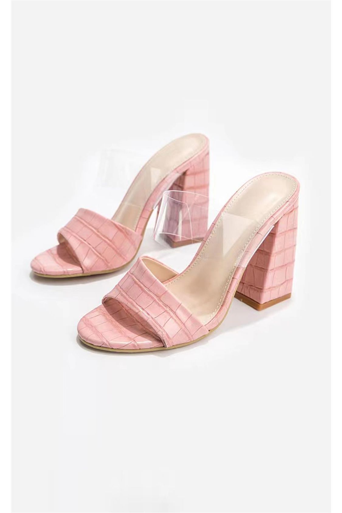 Pink Croc Embossed Upper Block Heel Mule Sandals Shoes-008