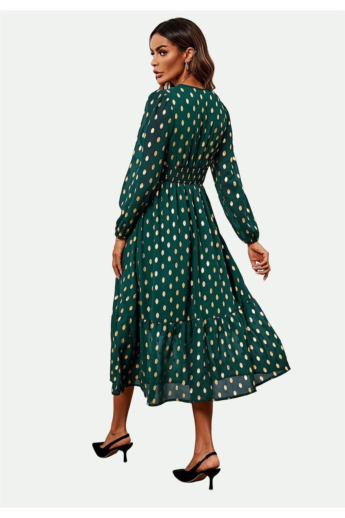 Lace Trim Foil Long Sleeve Maxi Dress In Green FS565-GG