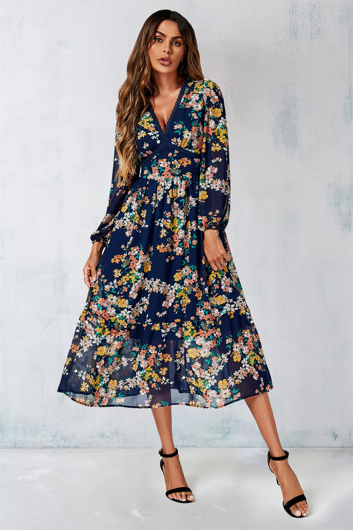 Floral Print Long Sleeve Maxi Dress In Navy FS565