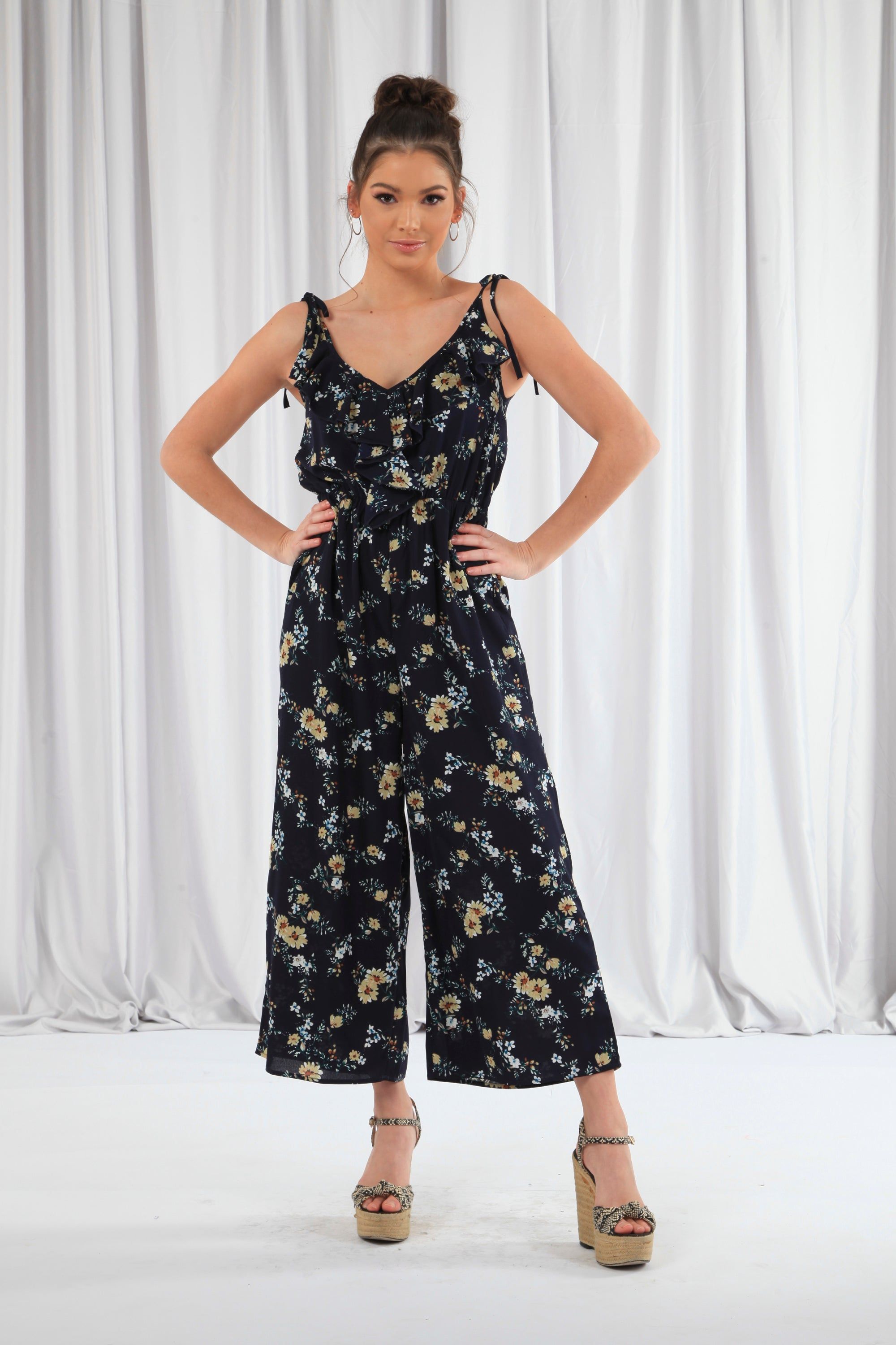 Navy Wide Leg Jumpsuit With Frill Front JU0000089