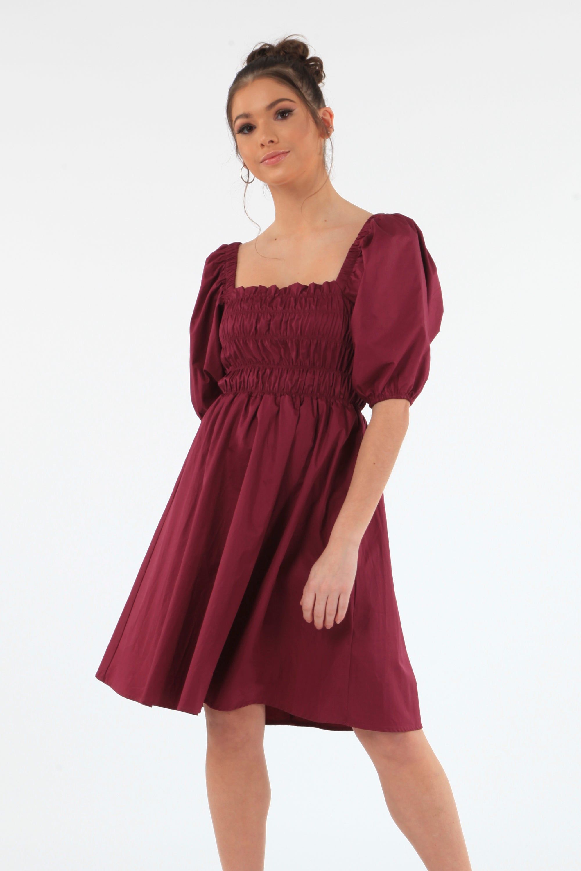 Wine Ruched Puff Sleeve Dress DR0000097