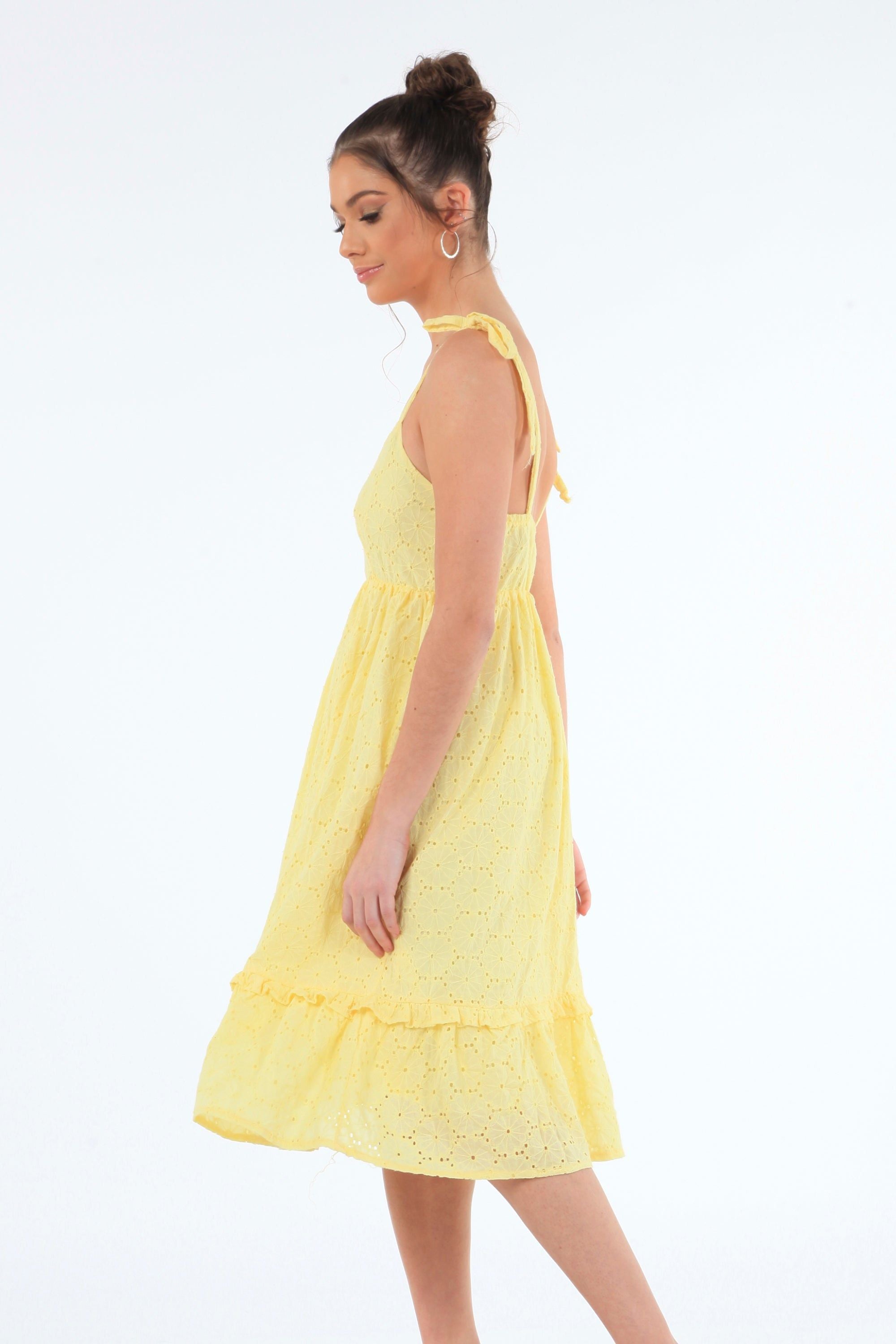 Yellow Tie Strap Broiderie Dress DR0000085