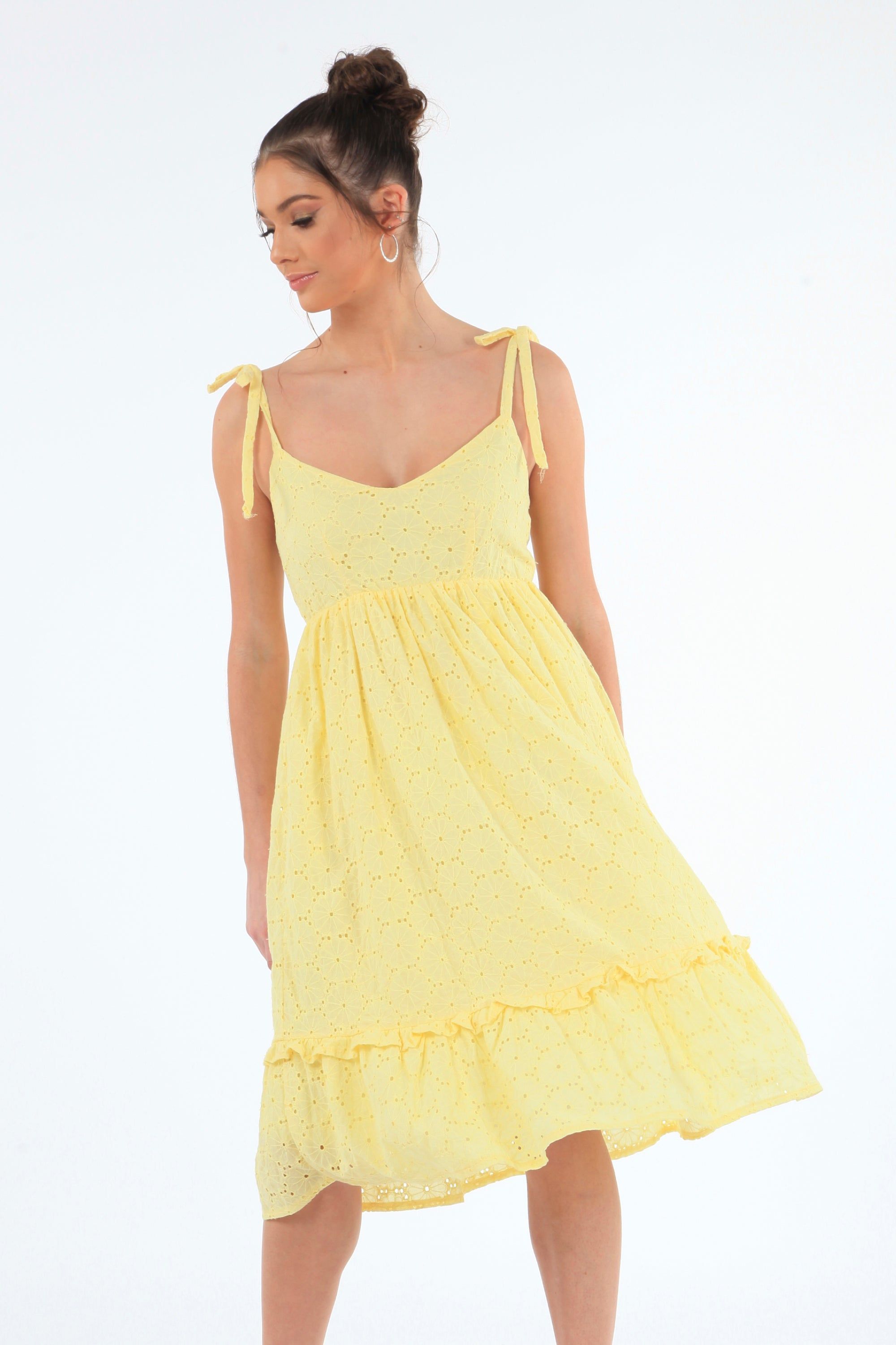 Yellow Tie Strap Broiderie Dress DR0000085