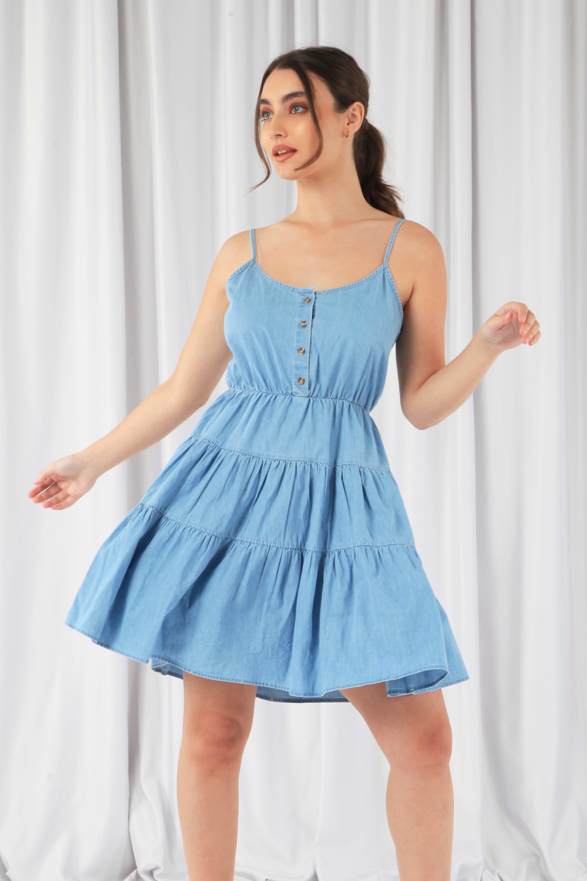Blue Tiered Strappy Chambray Dress DR0000107