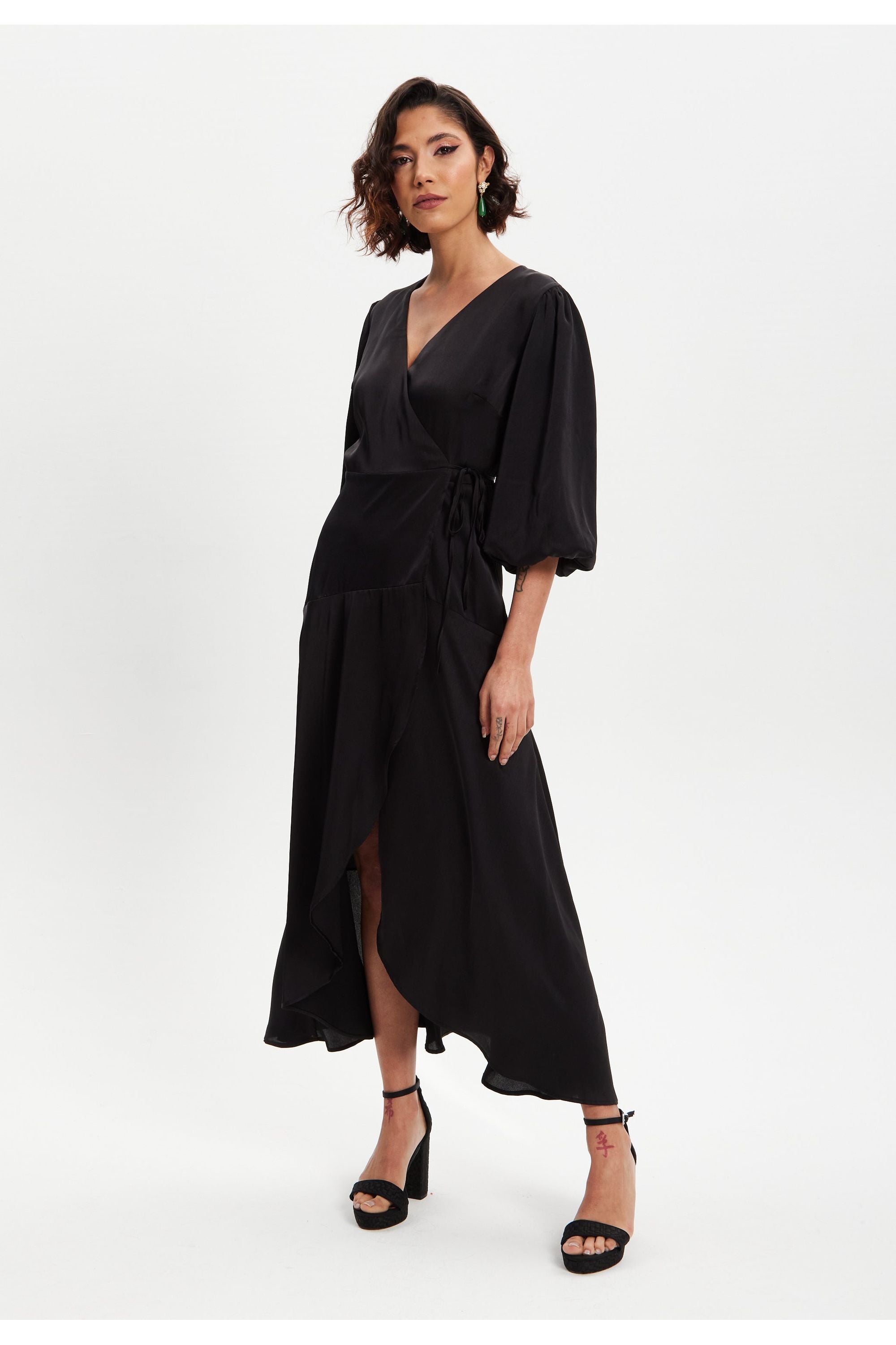 Black Midi Wrap Dress With Short Puff Sleeves LIQ20-128Black
