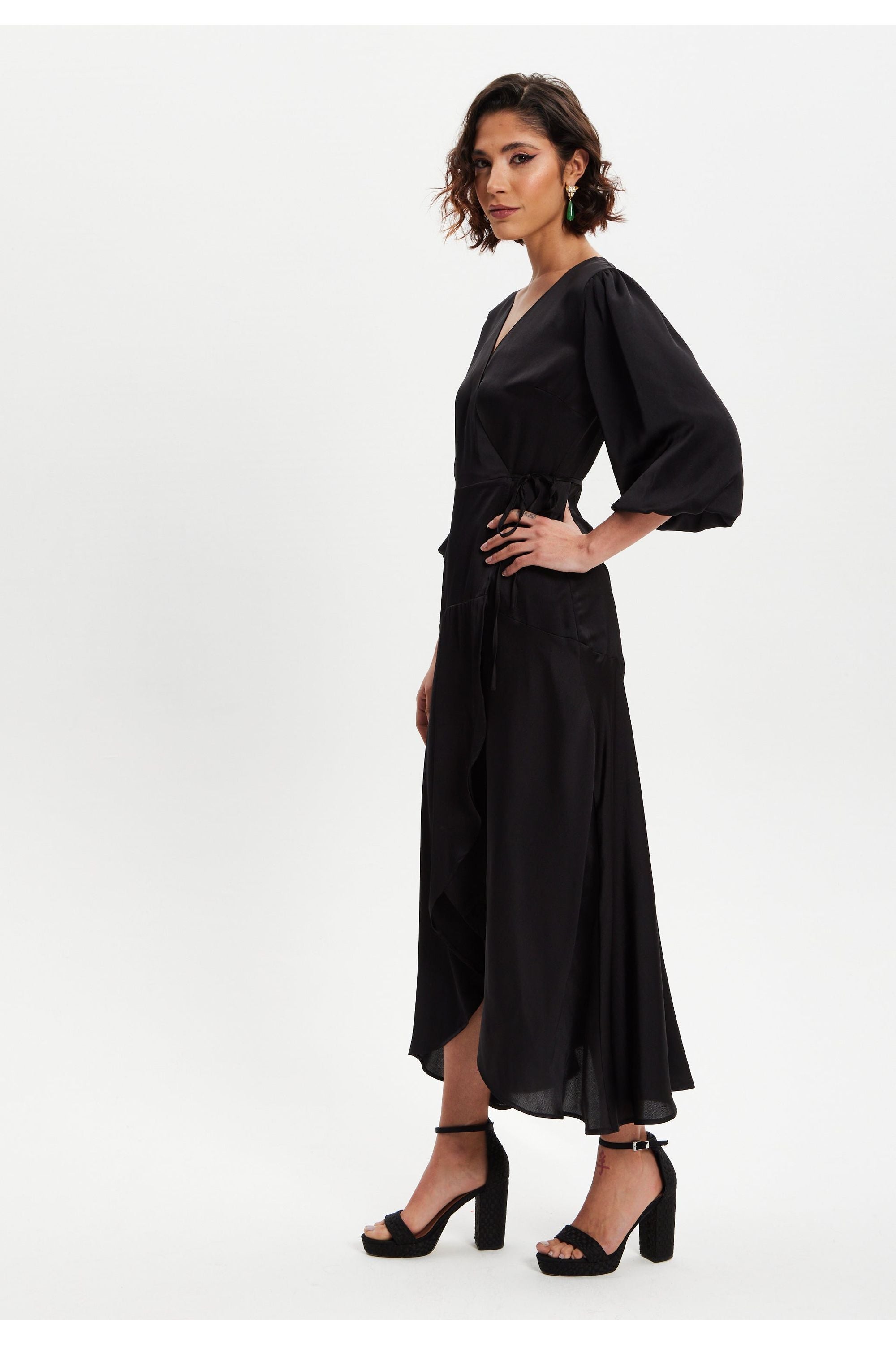 Black Midi Wrap Dress With Short Puff Sleeves LIQ20-128Black