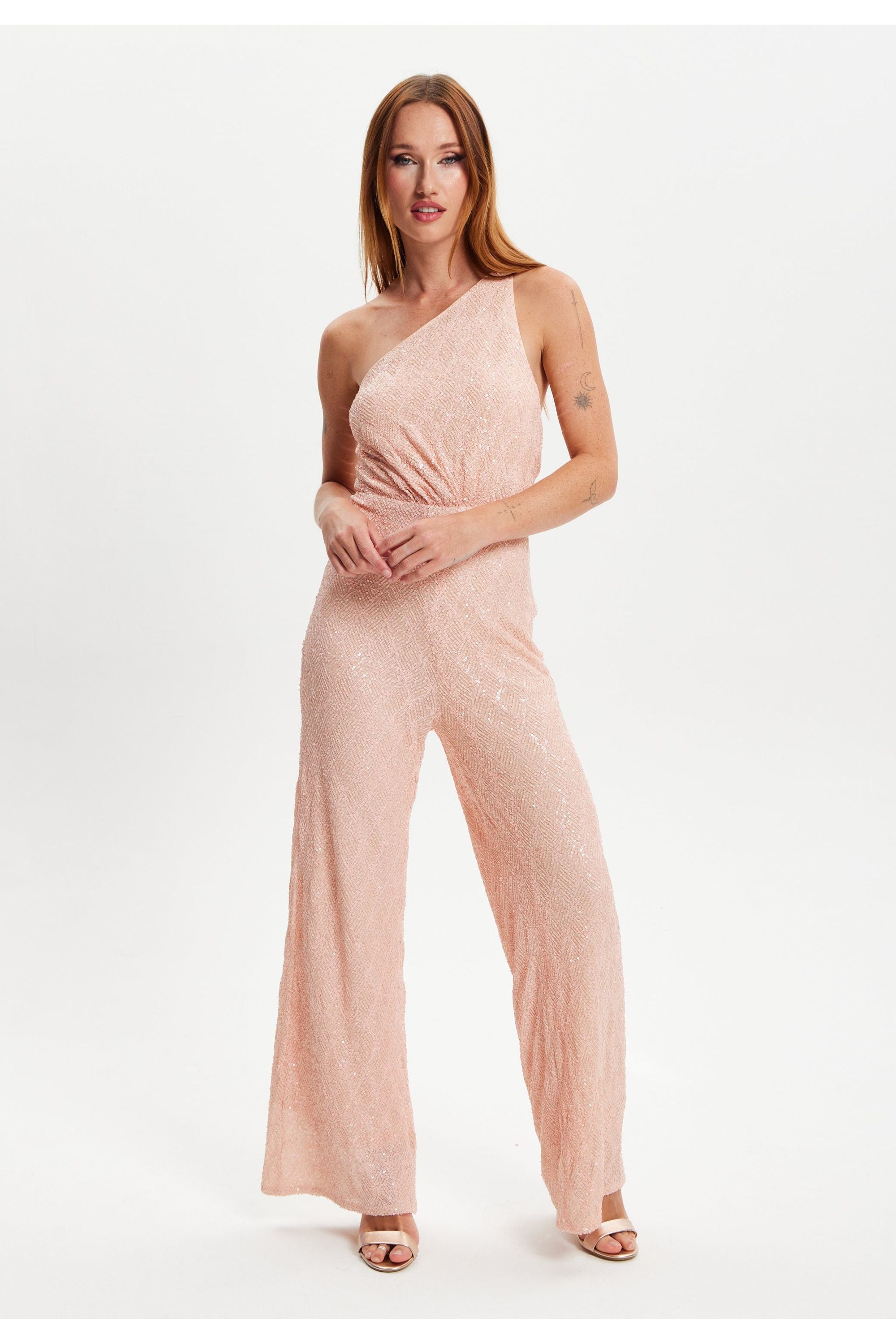 Pink Sequin Jersey One Shoulder Jumpsuit H6-DML018