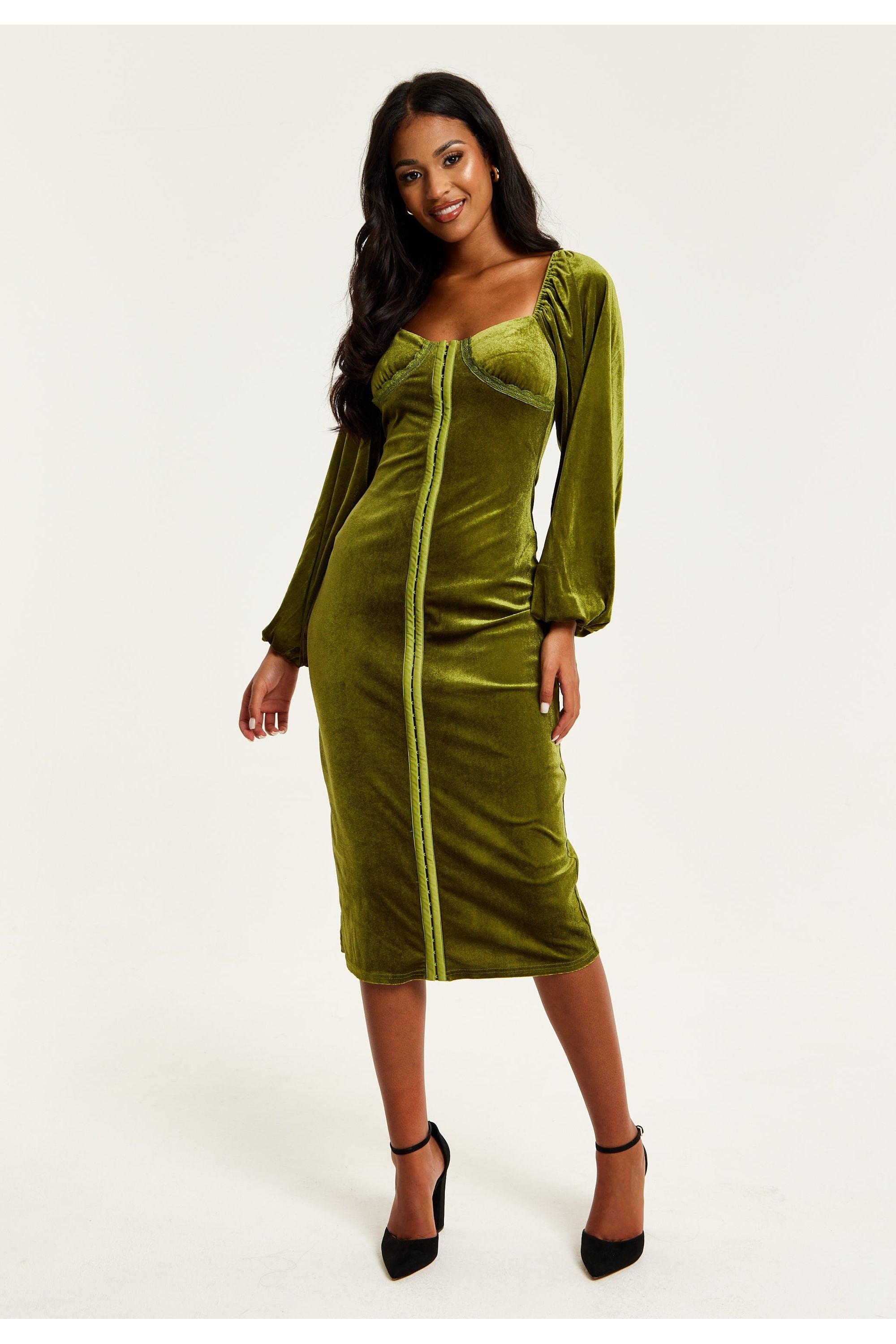 Corset Detail Green Velvet Midi Dress D21-LIQ23AW067G