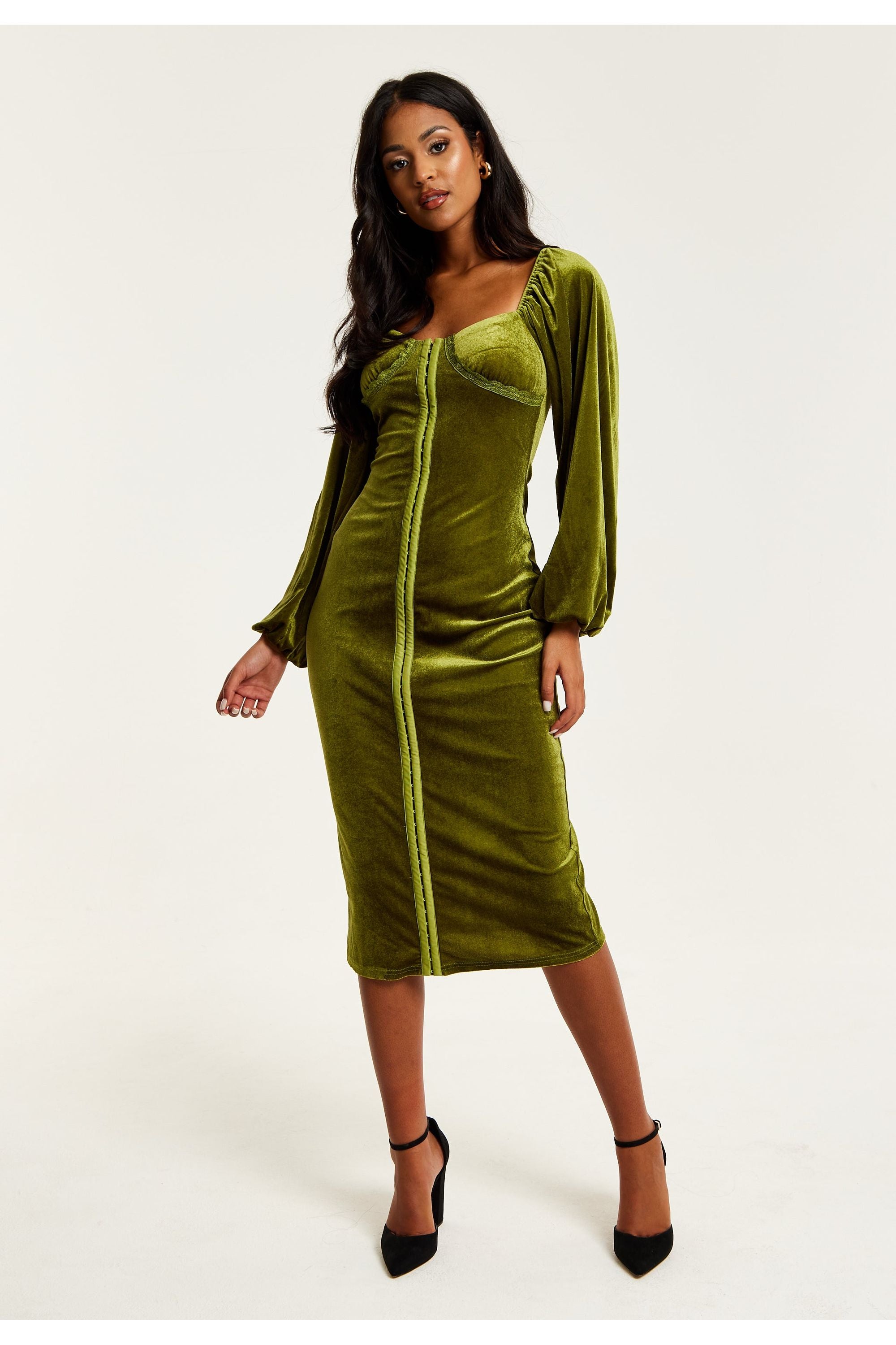 Corset Detail Green Velvet Midi Dress D21-LIQ23AW067G