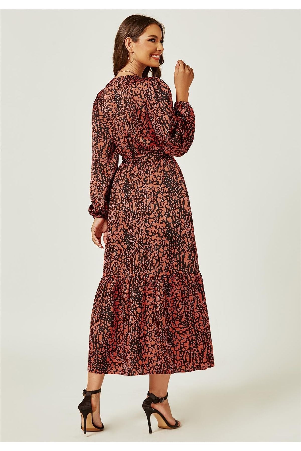 Long Sleeve Wrap Midi Dress In Rusty Red Animal Print FS482