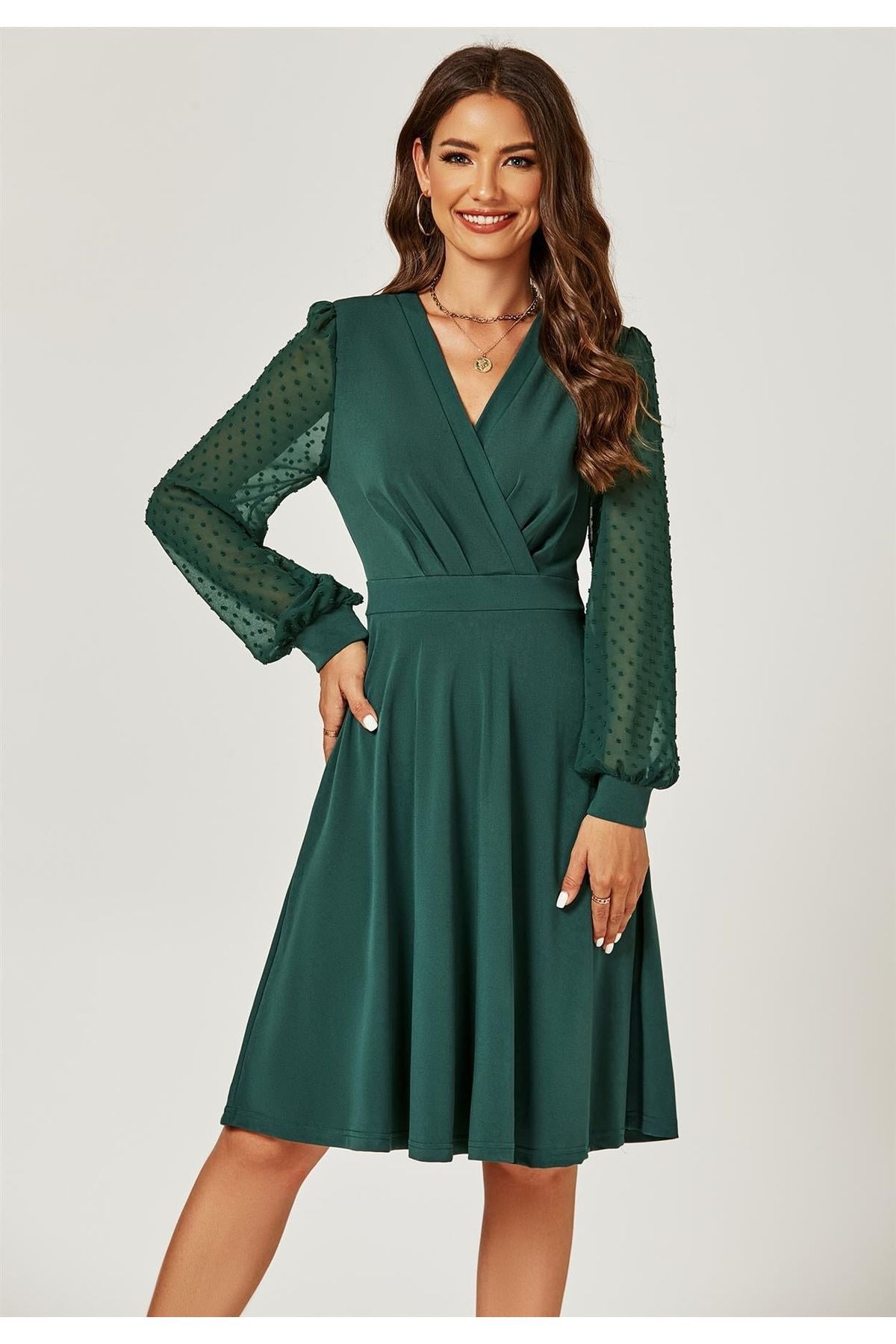 Long Chiffon Sleeve Pleated Midi Dress In Dark Green FS488