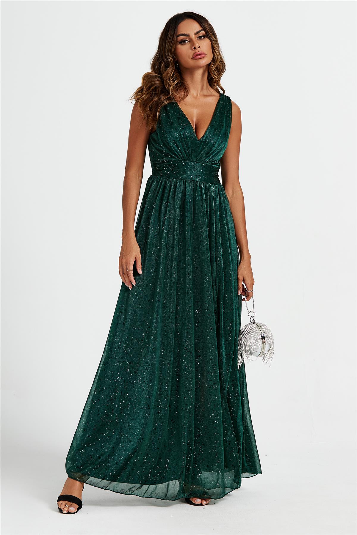 Sparkly V Neck Bridesmaid Maxi Dress In Green FS596
