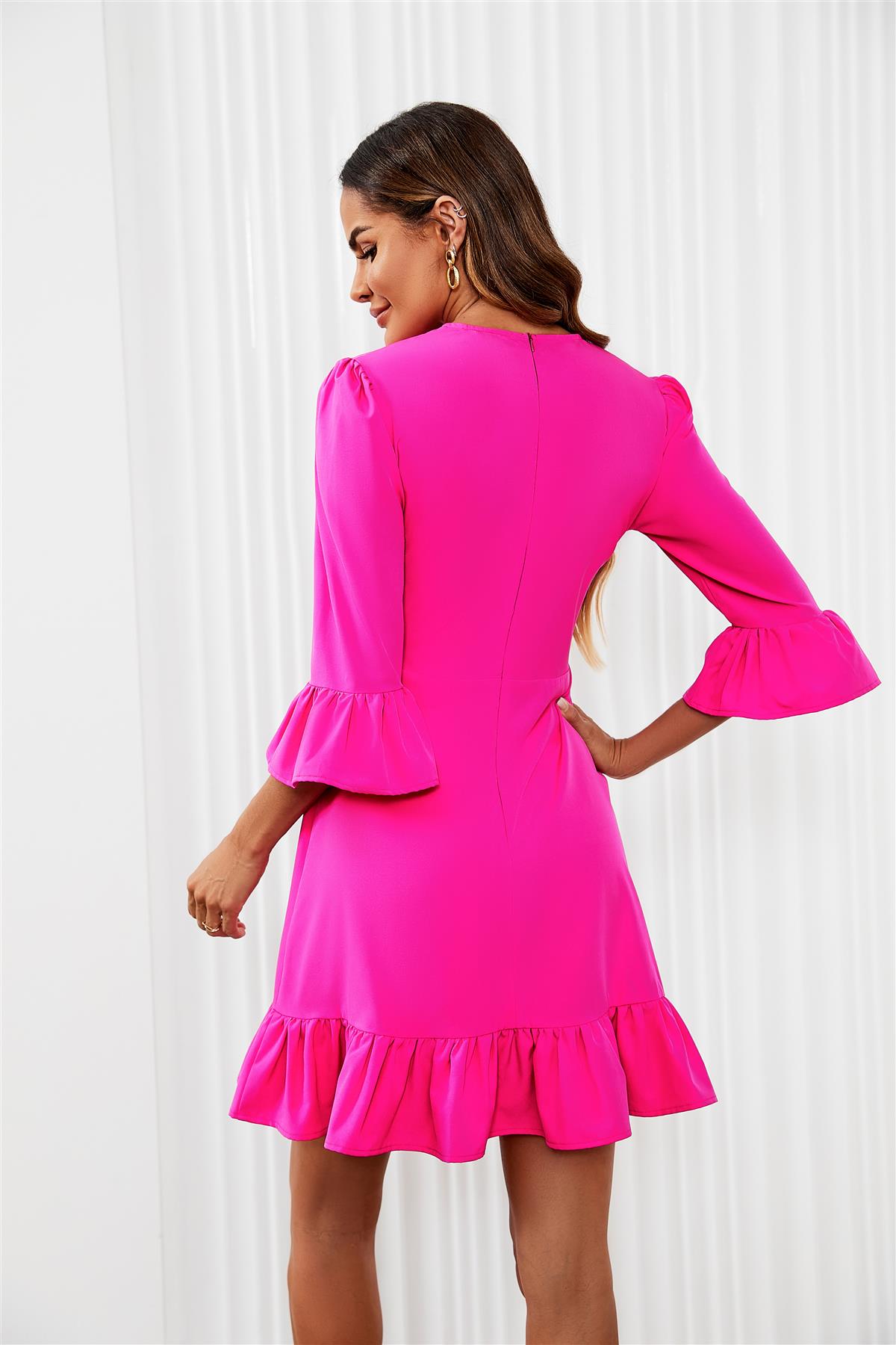 Frill Mini Dress In Fuchsia Pink FS563-Fuchsia