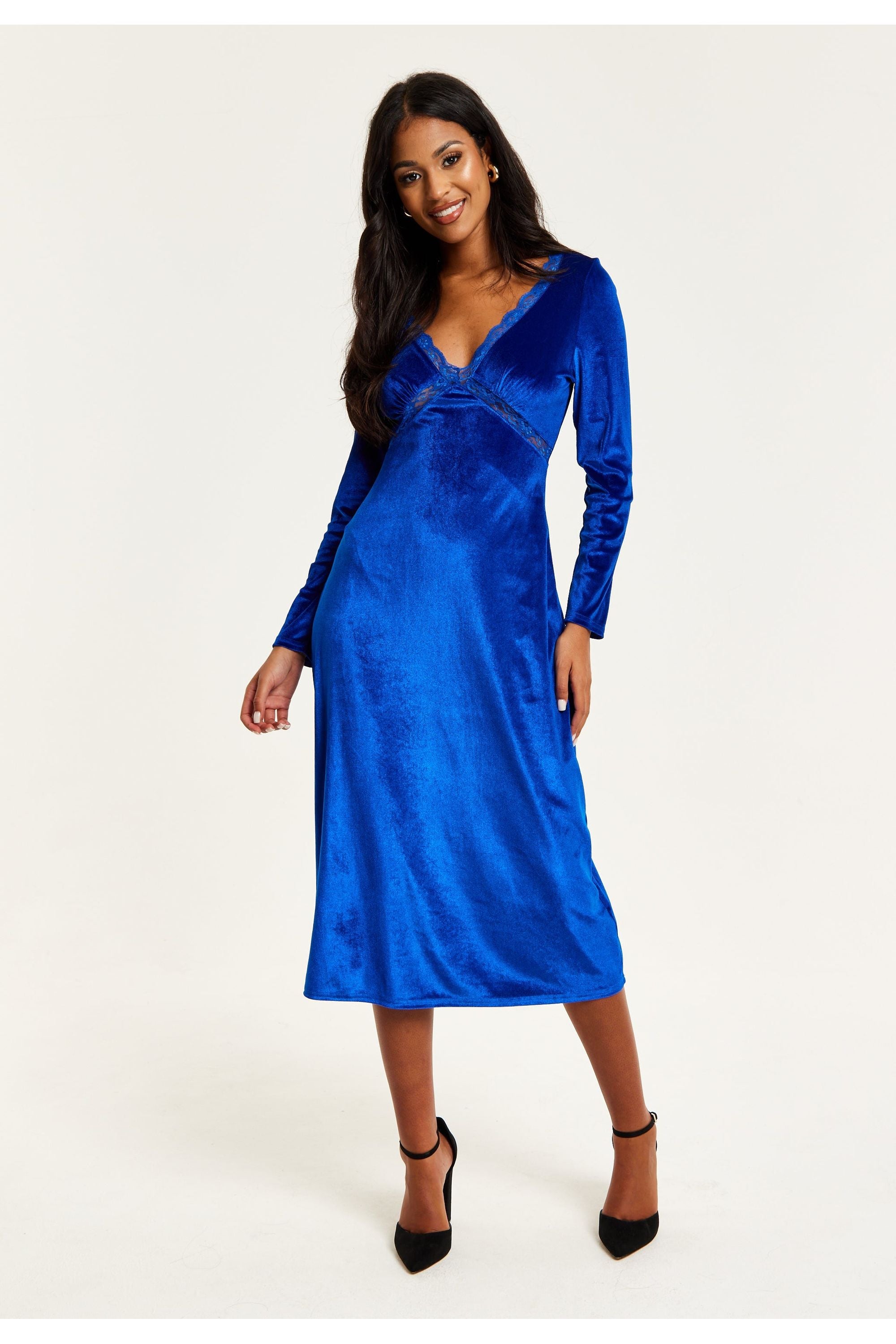Royal Blue Velvet Midi Dress With Lace Details F21-LIQ23AW078RB