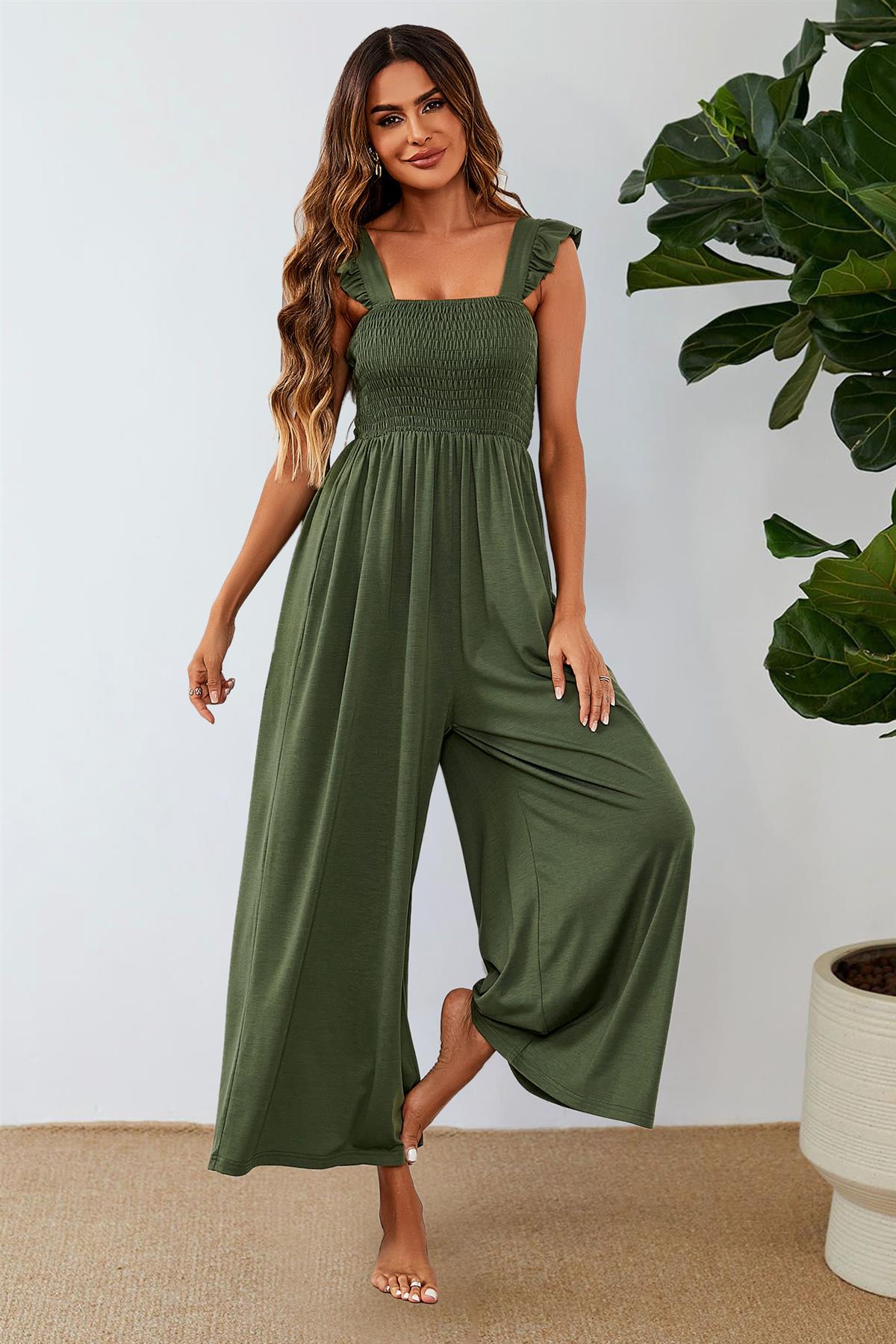 Frill Detail Strappy Jumpsuit In Olive FS579-Olive
