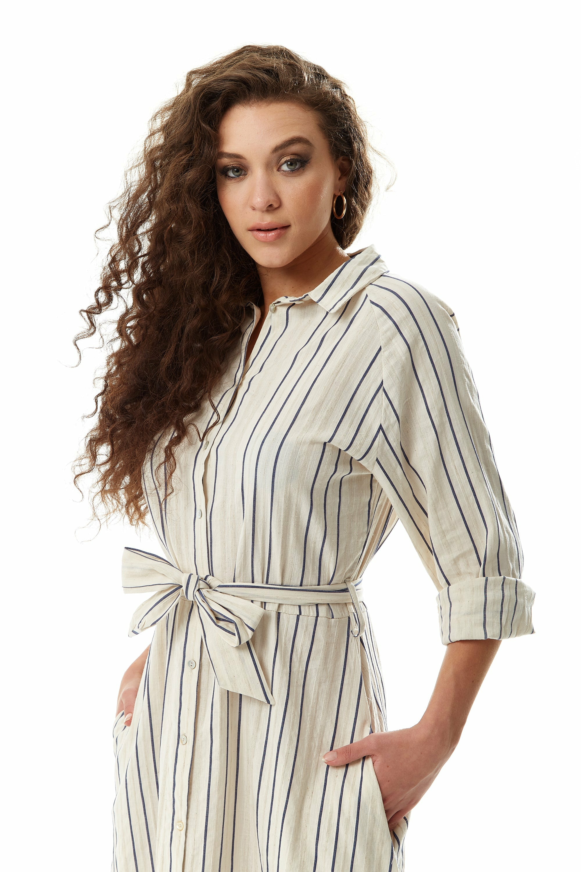 Divine Grace Navy Stripe Button Up Mididress White B18-DGTRDR2001