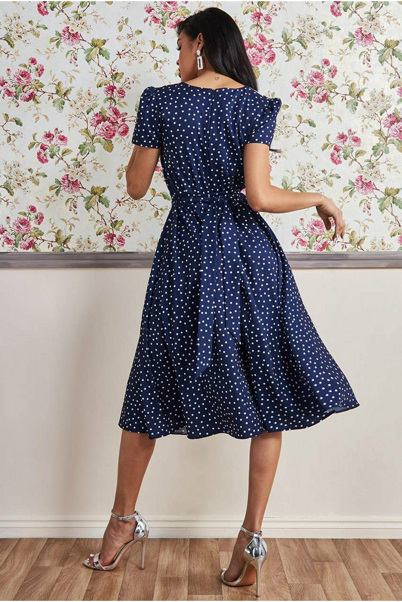 Printed Tea Dress With Collar - Navy DR3354