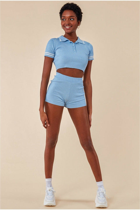 Crop Top & Short Loungewear Set - Blue TS19