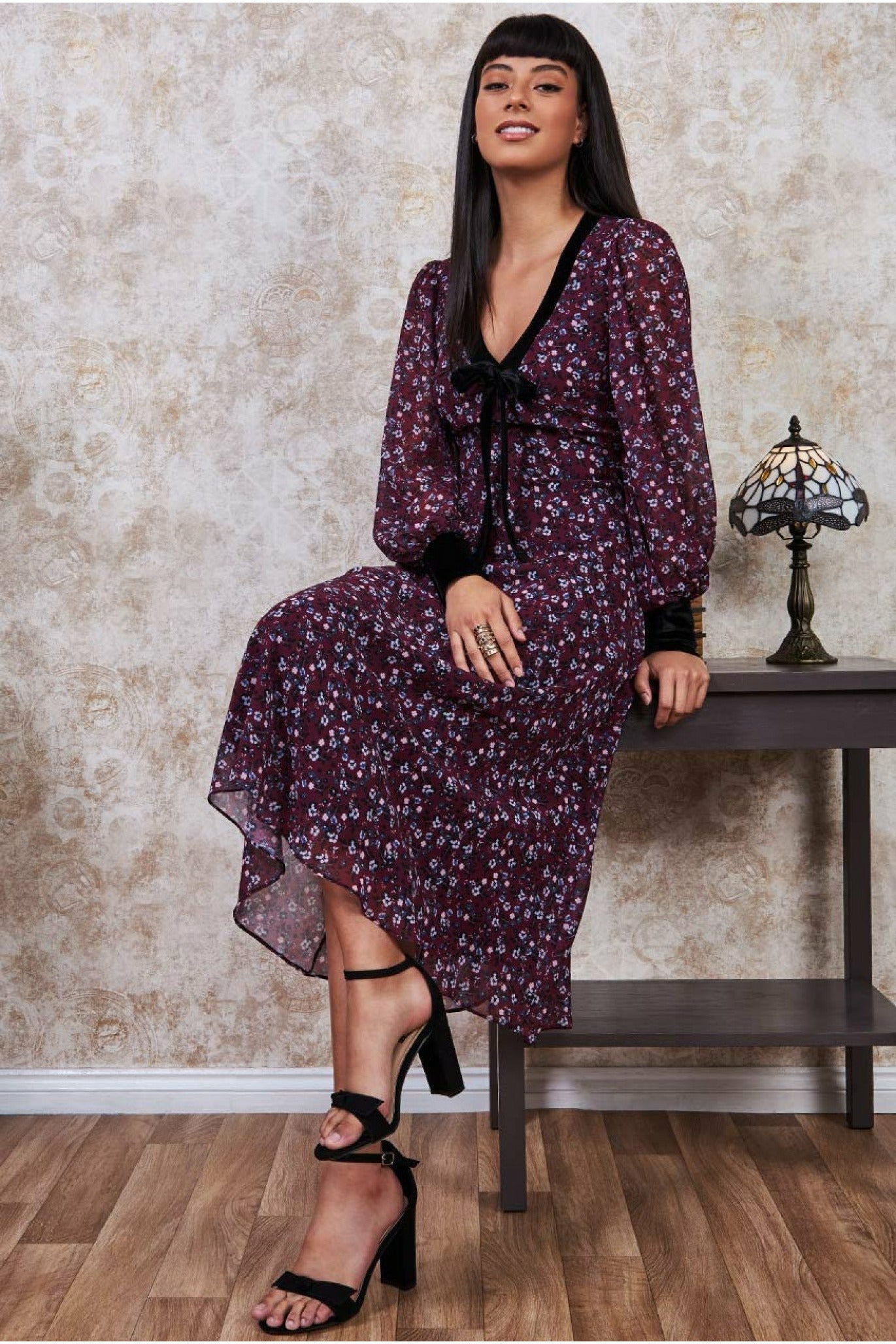 Printed Necktie Midi Dress - Wine DR3270