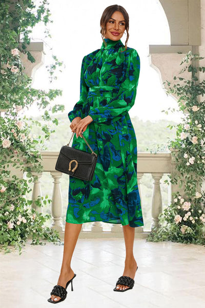 Abstract Floral Print Long Sleeve Midi Dress In Green | Goddiva Abstract Floral Print Long Sleeve Midi Dress In Green | Goddiva