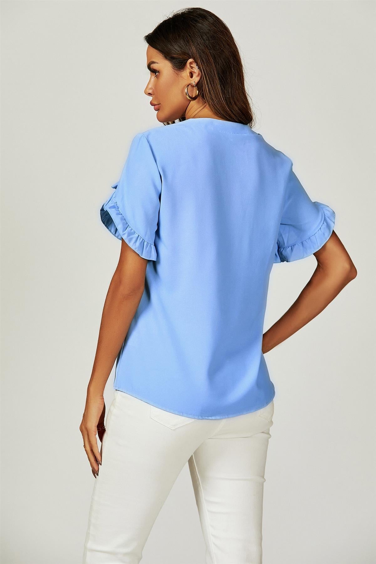 Frill Trim Detail Short Sleeve Blouse Top In Light Blue FS653