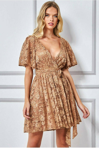 Tan - Lace Kimono Wrap Skater Mini Dress - Tan by Goddiva