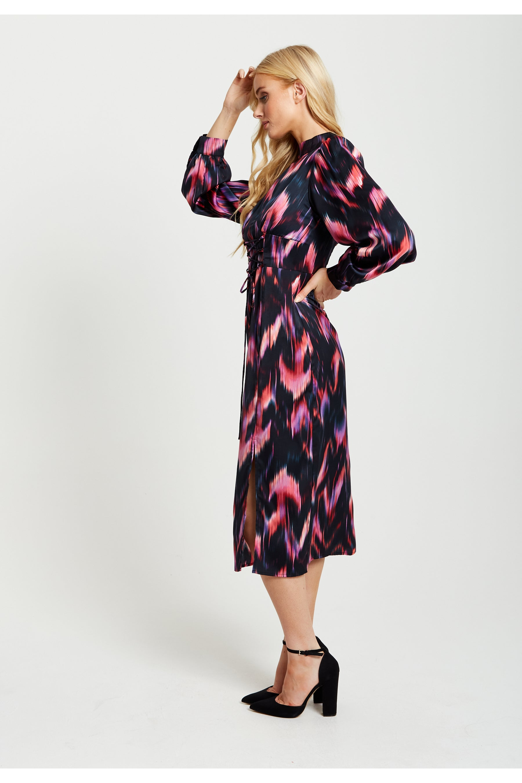 Abstract Feather Print Midi Lace Up Dress F3-176-LIQ22AW009
