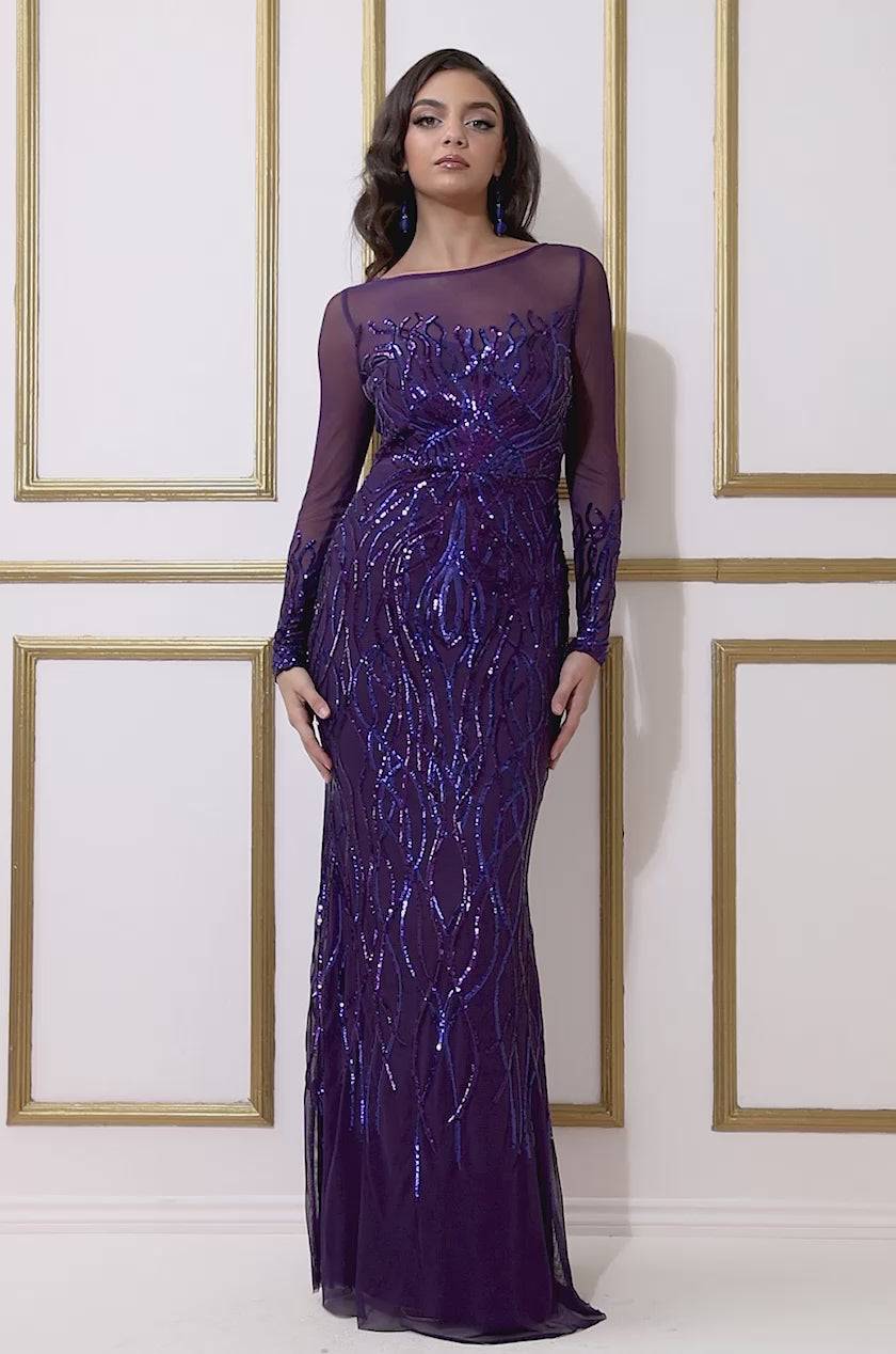 Long Sleeve Sequin Flame Maxi Dress - Purple