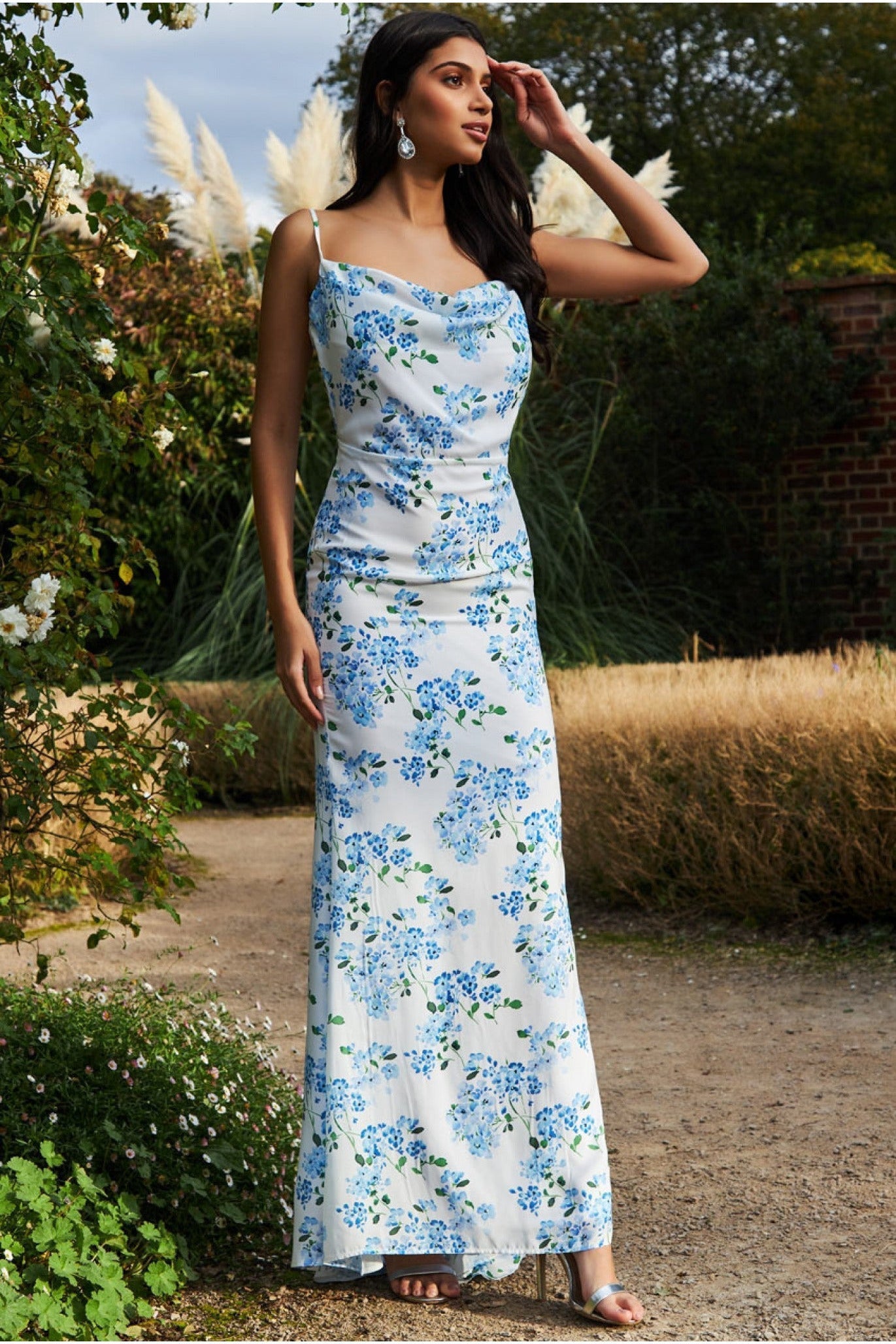Floral Cowl Neck Maxi Dress - Blue Print DR3350